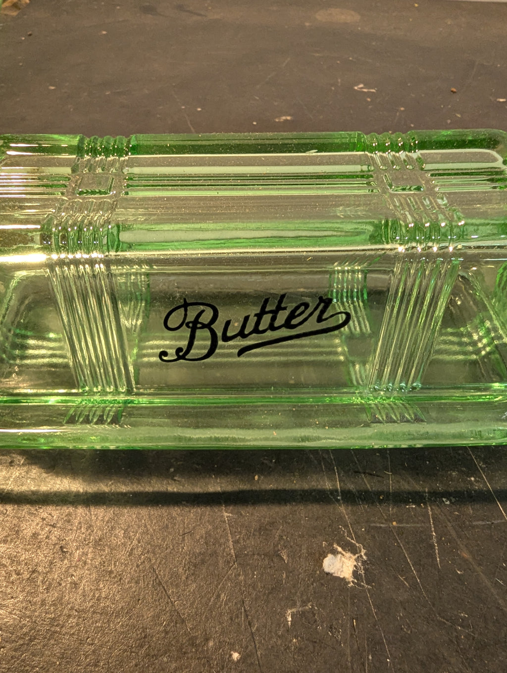 Green glass butter dish and salt and pepper shakers combo
