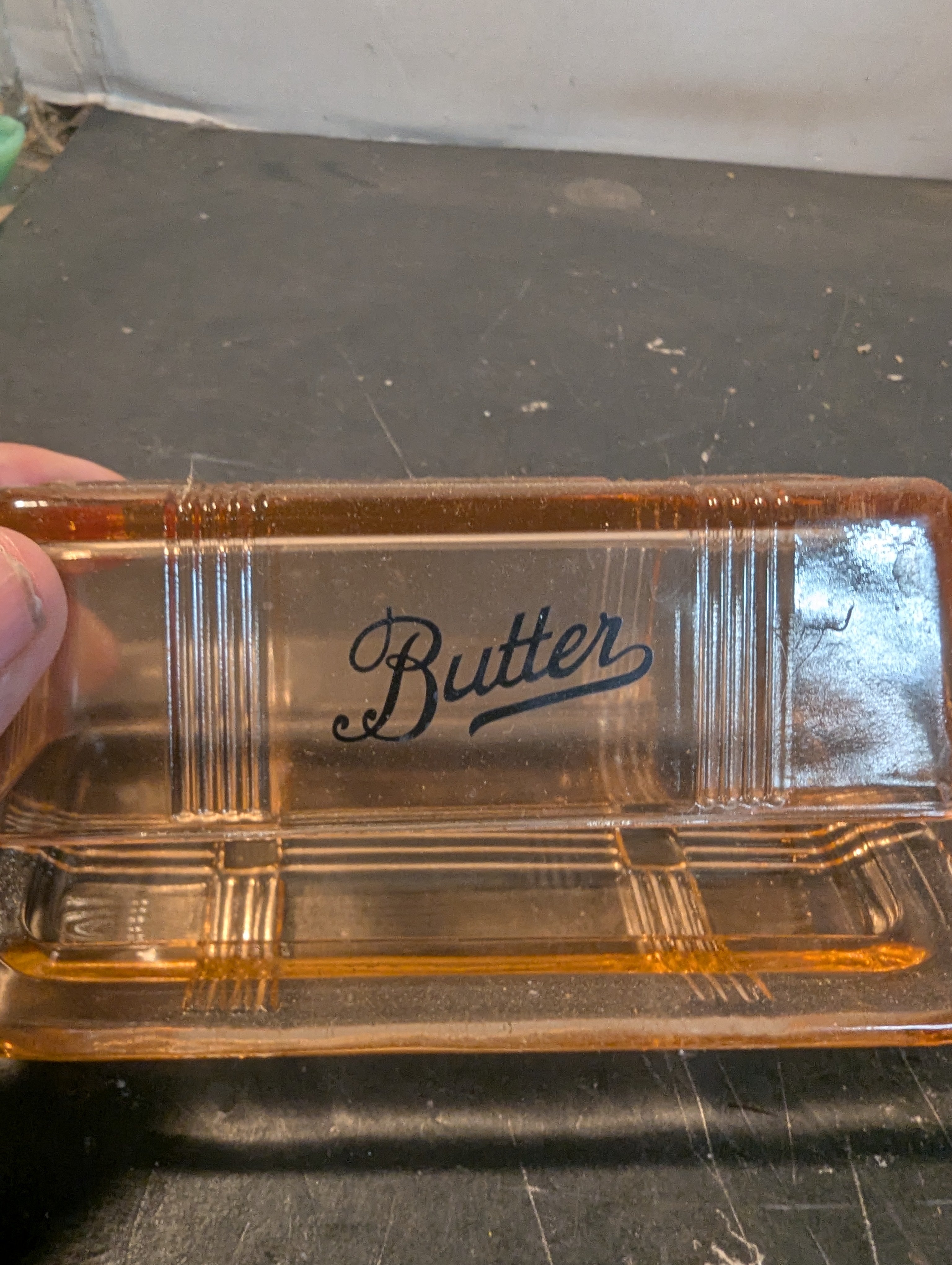 Pink glass rooster and a butter dish combo