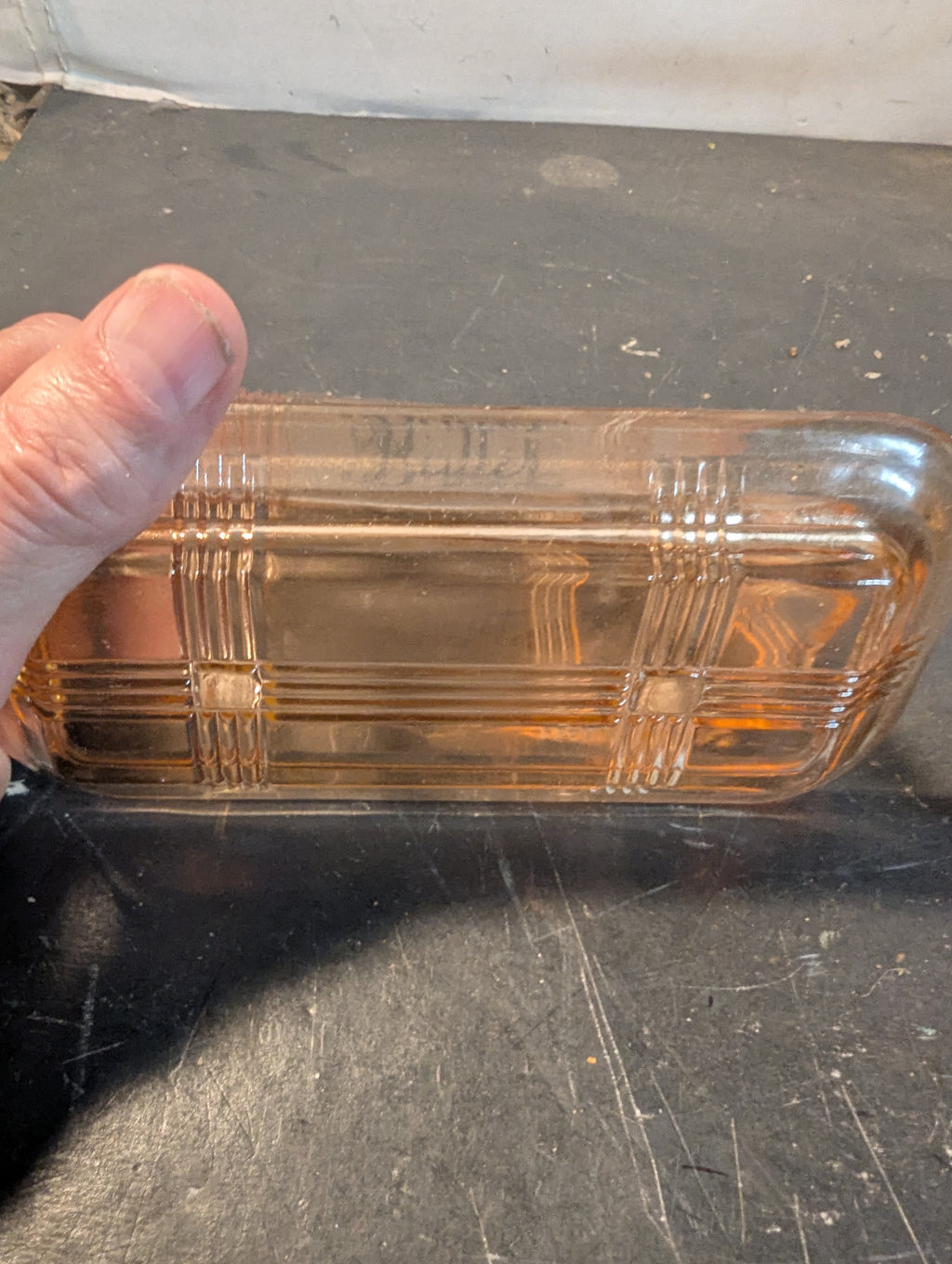 Pink glass rooster and a butter dish combo