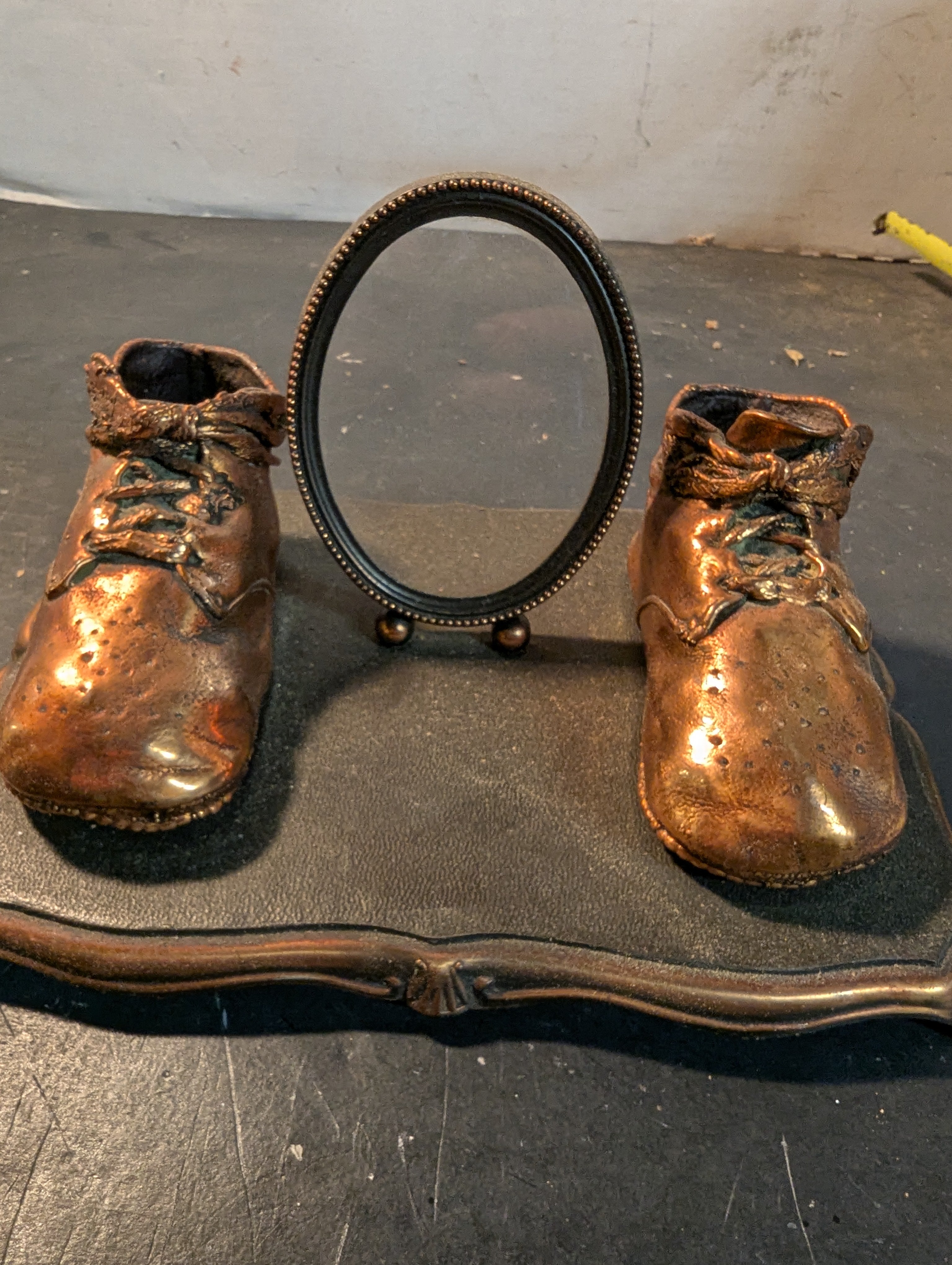 Vintage Copper Baby Shoes Picture Holder