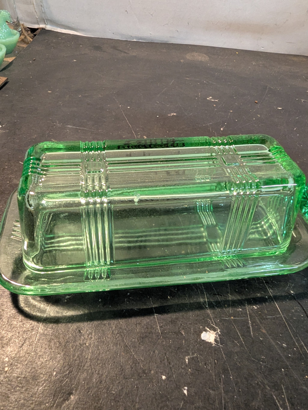 Green glass butter dish and salt and pepper shakers combo