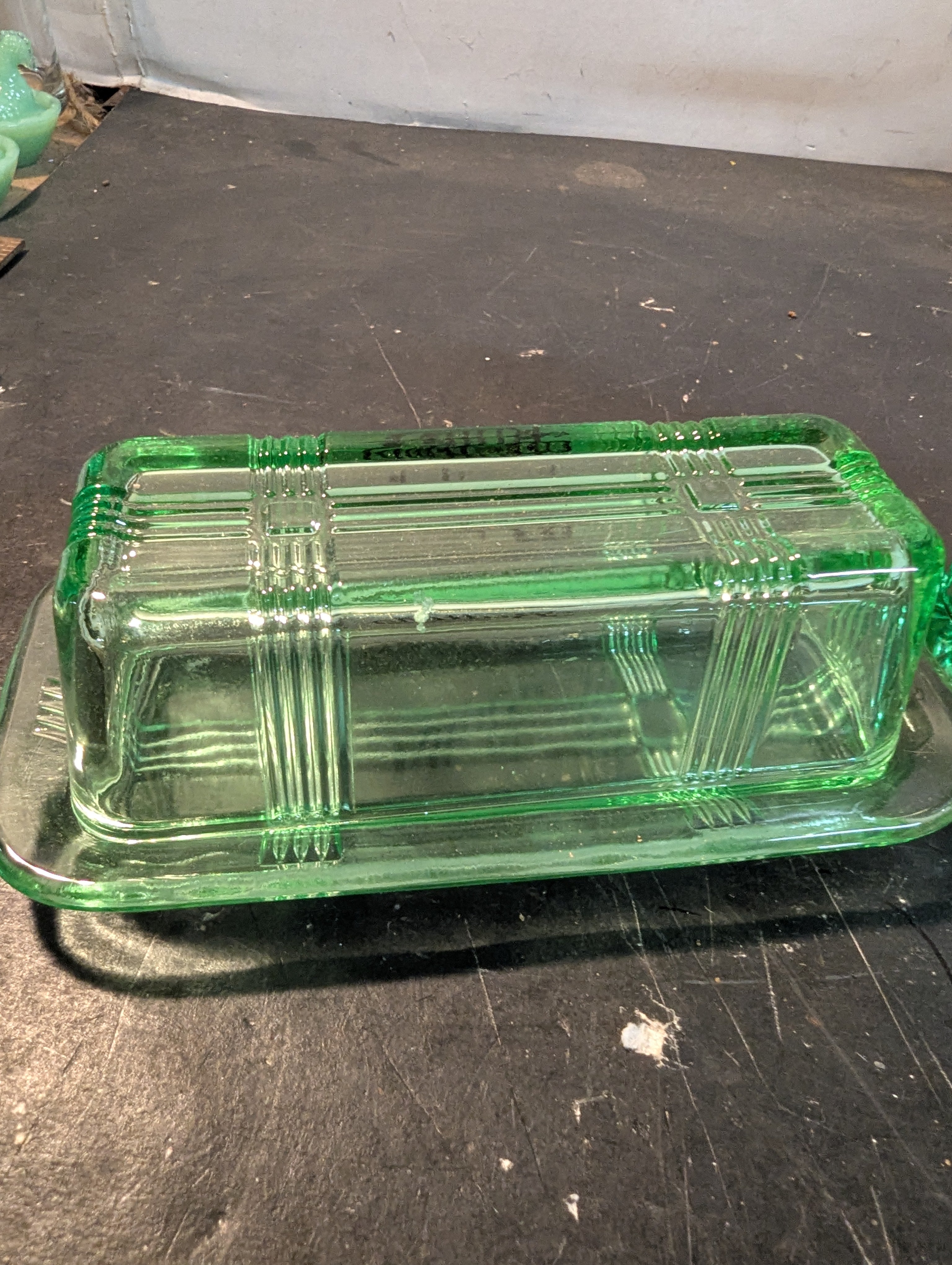 Green glass butter dish and salt and pepper shakers combo
