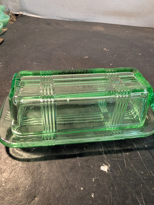 Green glass butter dish and salt and pepper shakers combo
