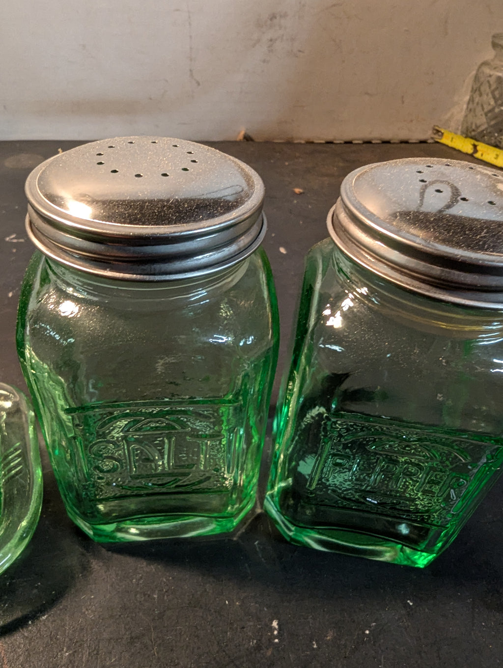 Green glass butter dish and salt and pepper shakers combo